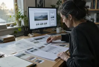 Web designer arranging layered interface sketches and wireframes on a desk while studying a softly blurred webpage in a home office.